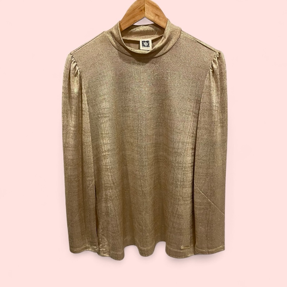Anne Klein NWT golden shimmer mock neck puff sleeve top mermaid fairy vibes